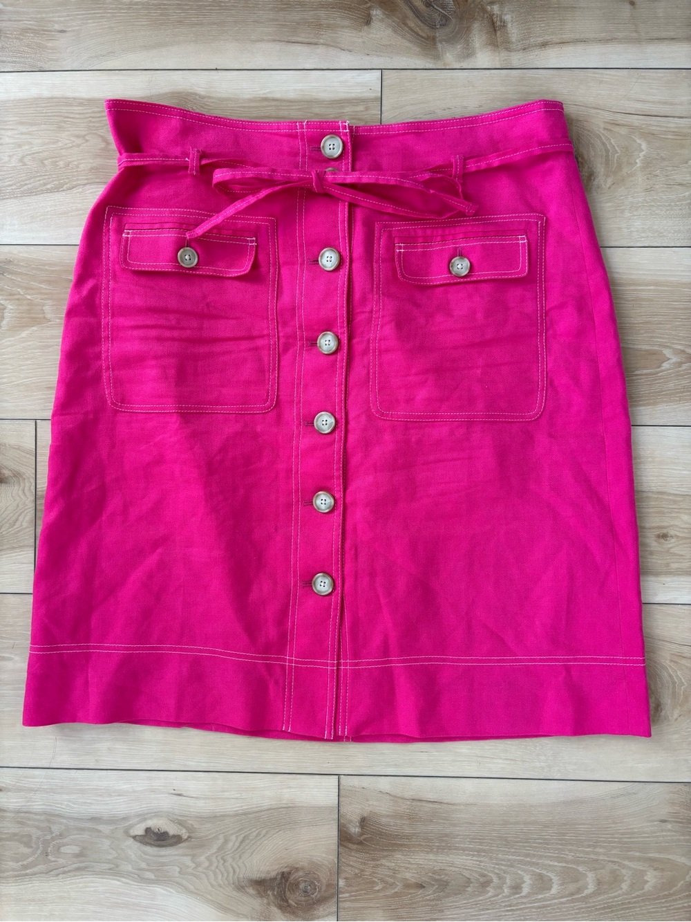 J Crew Pink Button-Up Skirt with Removable Belt in Stretch Linen | Size 16